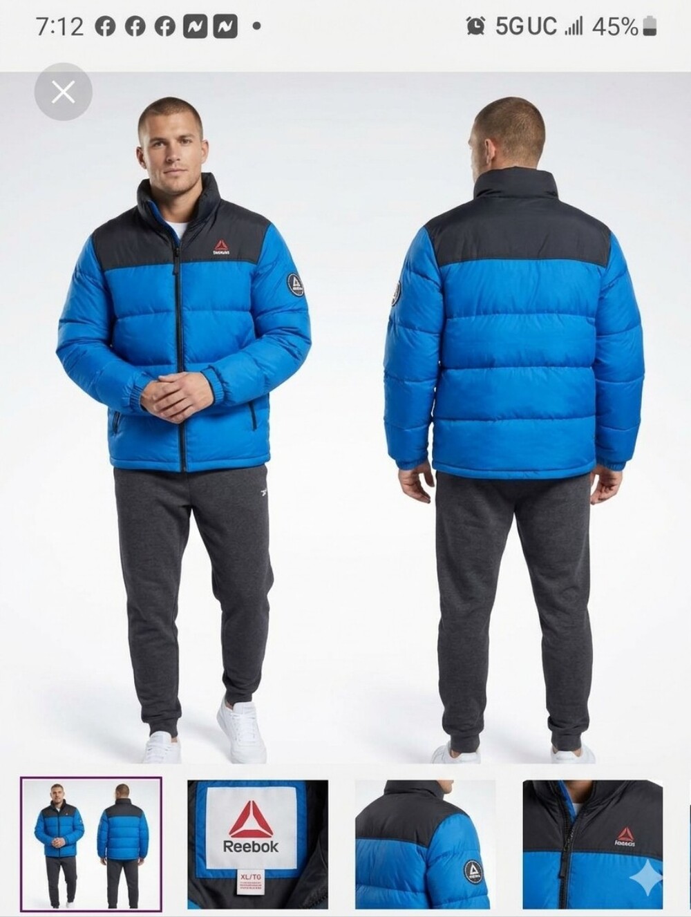 Reebok Blue and Black Puffer Jacket Size XL